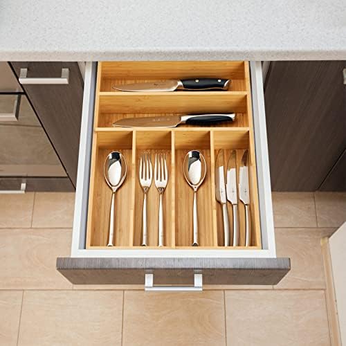 Umilife Kitchen Drawer Organizer, 12 Inch Silverware Utensil Tray Holder, Extra Deep, with Non-Slip Feet & Grooved Drawer Divider, 6 Slots Total Bamboo Wood Caddy for Flatware Cutlery Knives - Image 6