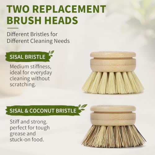 5 PCS Long Handle Bamboo Dish Brush with 2 Natural Dish Sponges - Image 4
