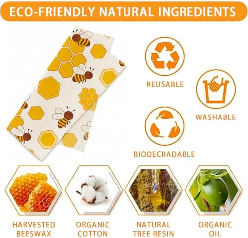 Reusable Bee & Honeycomb Beeswax Wraps, 9 Pcs For Sandwich, Bread, Fruit, Bowl, Organic, Sustainable, Zero Waste, Plastic-Free, Eco-Friendly Food Storage, 1XL, 3M, 5S - Image 3