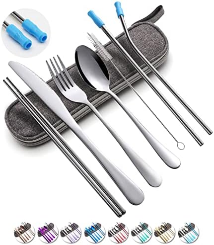 Travel Utensils Set with Case Reusable Portable Cutlery Set Stainless Steel 8pcs Including Dinner Knife Fork Spoon Chopsticks Straws(Silver) by OASMU