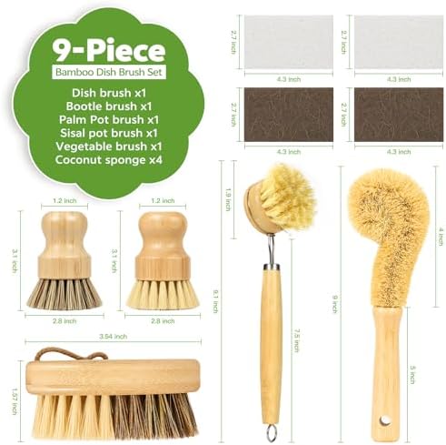 GREENTH PRO 9-Piece Bamboo Dish Brush Set with Natural Coconut Sponges - Image 2