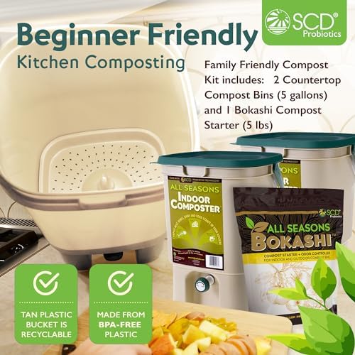All Seasons Indoor Composter Starter Kit - Two Family-Sized Composting Bins for Kitchen Countertop and Bokashi Bran Starter 5 lb (2 gallons), Easily Compost Food After Every Meal, Odor Free - Image 2