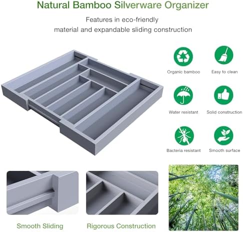 Pipishell Bamboo Expandable Drawer Organizer for Utensils Holder, Adjustable Cutlery Tray, Wood Drawer Dividers Organizer for Silverware, Flatware, Knives in Kitchen, Bedroom, Living Room(Grey) - Image 5