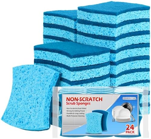Non-Scratch Cellulose Scrub Sponges 24 Pack, Kitchen Sponge with Double-Side & Ergonomic Design. Sturdy Sponge for Dishes, Coated Cookware, Sink, Countertops. by HOMERHYME