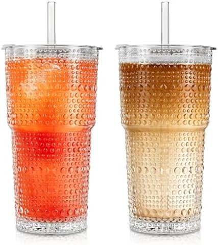 SoulTimes 20oz Hobnail Glass Tumbler with Bamboo Lids and Straws - Iced Coffee Glass Cups for Smoothie, Matcha, Juice, Water etc. Leakproof and Reusable Glassware Drinking for Travel To Go [2 Pcs] by SoulTimes