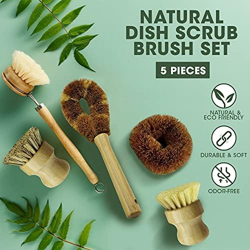 5 Pieces Bamboo Dish Brush Set for Eco-Friendly Home - Wooden Dish Scrubbers, Sustainable Kitchen Cleaning Set, Natural Bristle Dish Brushes for Pots Pans Bottles - Image 4