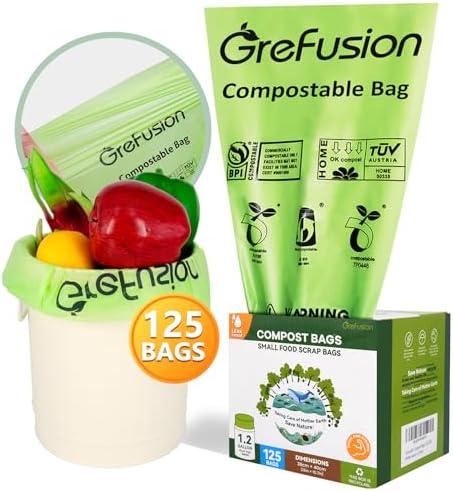 GreFusion Compostable Bags 1.2 Gallon,125 Count, Fits 0.75,1,1.2,1.3,1.6,1.8 Gallon Countertop Bin, Small compost bags, Certified by BPI, ASTM D6400 and OK Compost by GreFusion