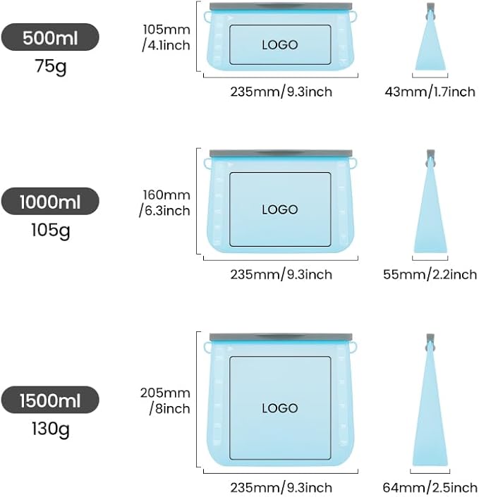 Reusable Silicone Food Storage Bags: Leak-Reistent Stand-up Pouches for Meal Prep, Sandwiches, Snacks, Baby Food, 3 Pack (500ml, 1000ml, 1500ml). BPA-Free, Freezer and Dishwasher Safe, Eco-Friendly