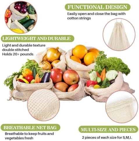 MAQIHAN Reusable Cotton Mesh Produce Bags - 6 Pack Mesh Storage Produce Bag - Image 3
