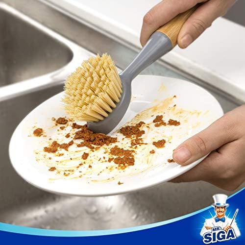 MR.SIGA Dish Brush with Bamboo Handle Built-in Scraper, Pack of 2 - Image 2