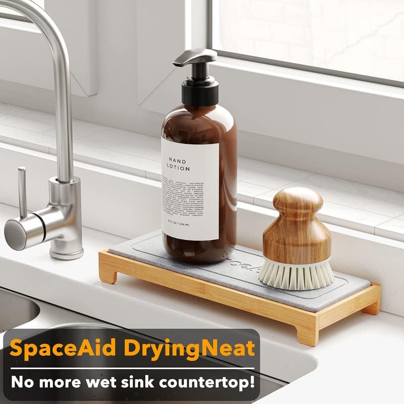 SpaceAid DryingNeat Instant Dry Sink Caddy Organizers, Kitchen Sponge Soap Holder Dispenser, Countertop Fast Drying Counter Tray Rack (Bamboo, Gray) - Image 2