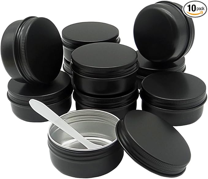 10pack 50ml Aluminum Tin, 50 Gram Black Container Leak Proof Cosmetic Jars, 50g Small Makeup Containers Round Screw Lids for Cosmetic, Salves, Lip Balms, Toner, Cream, Candle, Tea, Beads, Wax