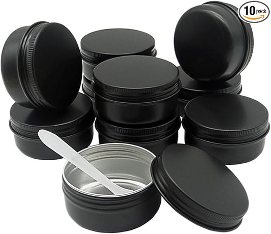 10pack 50ml Aluminum Tin, 50 Gram Black Container Leak Proof Cosmetic Jars, 50g Small Makeup Containers Round Screw Lids for Cosmetic, Salves, Lip Balms, Toner, Cream, Candle, Tea, Beads, Wax