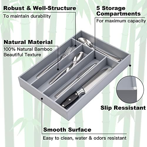 Besilord Bamboo Silverware Holder - Drawer Organizer with 5 Slots (Gray) - Image 3