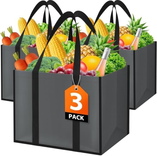 WISELIFE Reusable Grocery Bags, Foldable, Lasting Use, 35L, 3 Pack, Gray by WiseLife