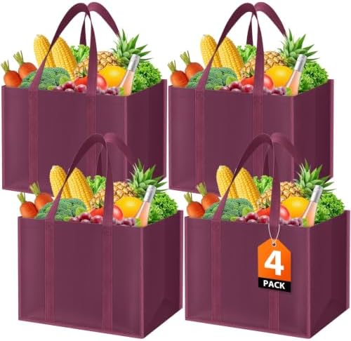 WISELIFE Reusable Grocery Bags, Foldable, Lasting Use, 35L, 4 Pack, Claret by WiseLife