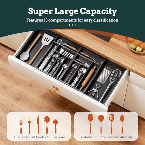 Silverware Organizer Large, Magnetic Connected Expandable 13 Slots Silverware Drawer Organizer From 21 to 37.4 Inches, Adjustable Flatware and Cutlery Holder, Bamboo Utensil Tray for Kitchen Black - Image 2