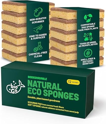 bioGo 12 Pack Natural Biodegradable Kitchen Sponges - Eco-Friendly, Compostable, Cellulose Dish - Compostable - Biodegradable - Cellulose Sponge by ThebioGoNation