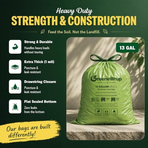 13 Gallon Compostable Trash Bags with Drawstring, 30 Count, 1 Mil, Tall Kitchen Food Scrap Compost Bags, BPI Certified, ASTM D6400, Compostable Garbage Bags, Unscented, 13 Gal - Image 4