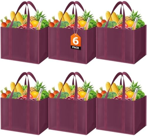 WISELIFE Reusable Grocery Bags, Foldable, Lasting Use, 35L, 6 Pack, Claret by WiseLife
