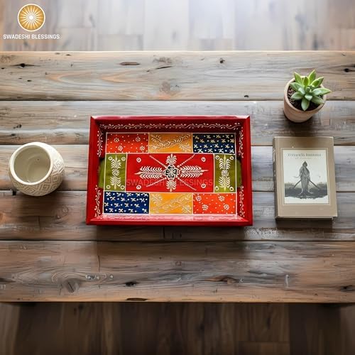 Swadeshi Blessings Hand-Painted Wooden Serving Tray Set of 3, Antique Red - Image 7