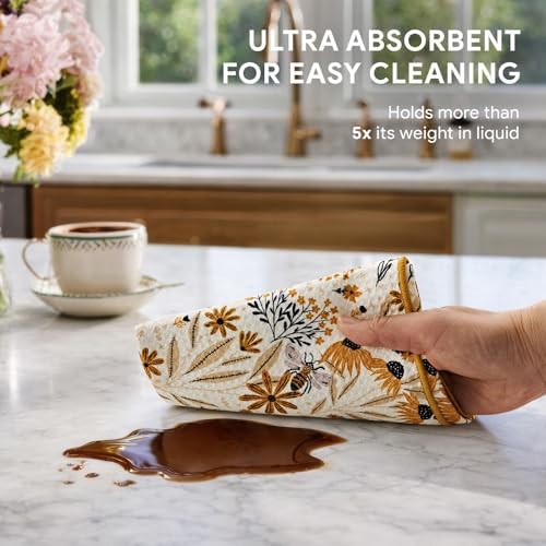 RECYCO Waffle Kitchen Towel Set of 2 - Quick Dry Microfiber Sustainable Dish Towels - Ultra Absorbent Reusable Cleaning Tea Towels - Lightweight Hand Towels,16”x 28”, Joyful Bees - Image 4