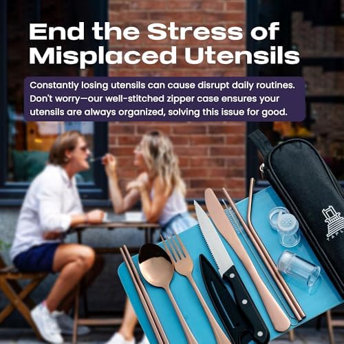 Taplord Portable Travel Silverware Set With Case, Includes 10 Pcs of Travel Utensils With Case, Stainless Steel Flatware Set For Camping, Lightweight (Rose Gold) - Image 5