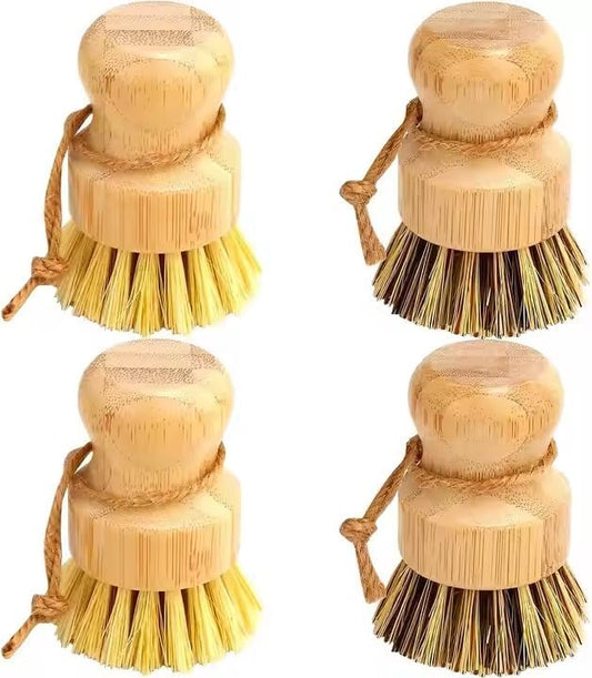 4 Pcs Bamboo Dish Brush Set – Natural Dish Scrubber with Ergonomic Handle, Durable Kitchen Cleaning Brush for Dishes, Pots & Pans – Sisal Bristles for Cast Iron