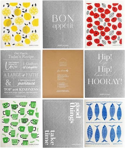 8 Pack Reusable Swedish Dishcloth, for Kitchen and Household Use, Super Absorbency, Made in Sweden, Cellulose Sponge Dish Cloths, Paper Towel Replacement, Plastic-Free Packaging by SIMPLYCASA