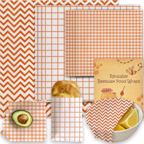 Reusable Beeswax Wraps, Orange Chevron Grid Gingham Wraps, 9 Pack Eco-Friendly Food Storage, Organic, Sustainable, Zero Waste, Plastic-Free, Sandwich, Snack, Bowl Cover, 1XL, 3M, 5S by Unknown