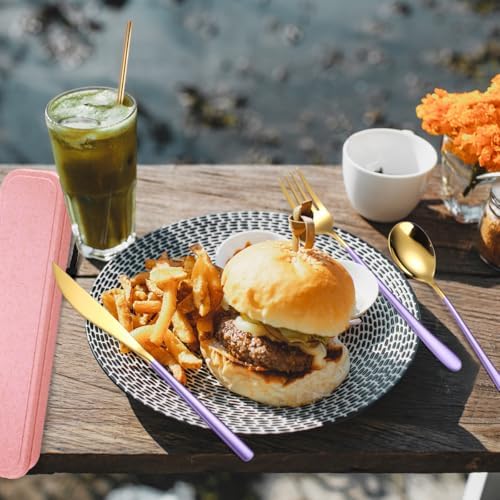 AARAINBOW 6 Pieces 18/8 Stainless Steel Flatware Set Portable Reusable Cutlery Set Travel Utensils Set Including Chopsticks Knife Fork Spoon Straws Cleaning Brush Dishwasher Safe (Purple golden) - Image 5