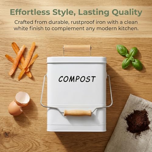 Tlence 1.7 Gallon Kitchen Compost Bin, Countertop Food Waste Pail with Handles, Odorless Composting Bucket with Carbon Filters, Indoor Small Food Scrap Composter for Trash Waste, White - Image 5