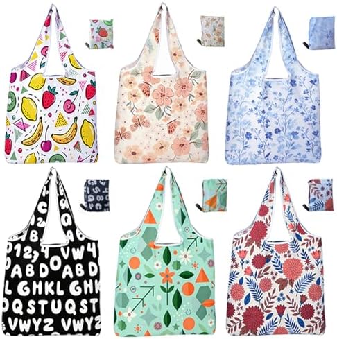 6 Pack Reusable Shopping Bags - Foldable Heavy Duty Washable Totes by RUIPBOTE