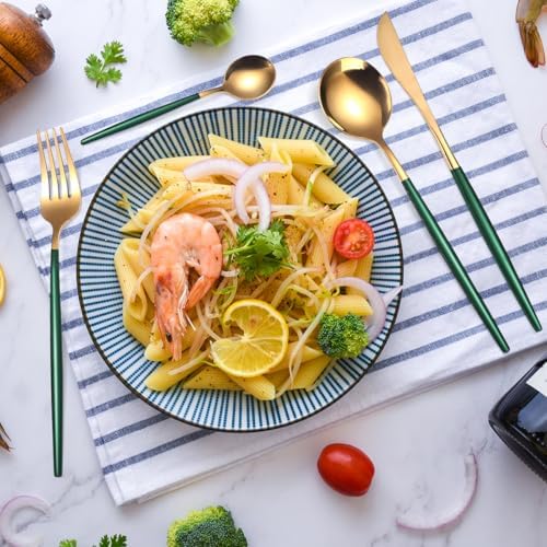AARAINBOW 8 Pieces Stainless Steel Flatware Set Portable Reusable Cutlery Set Travel Utensils Set Including Chopsticks Knife Fork Spoon Straws Cleaning Brush Dishwasher Safe (Green Golden) - Image 3