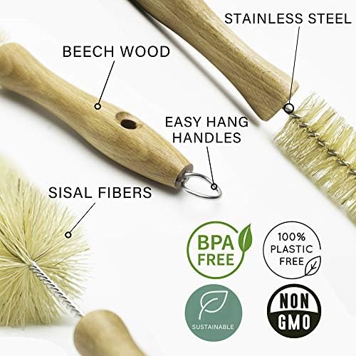 All Natural Bottle Brush and Straw Set (NO Plastic) Sisal Bristles and Wood Handle Bottle Cleaners for Washing Narrow Beer Bottles, Sports/Water Bottles, Tumbler, Kettles, Lid Brush, Long Straw Brush - Image 5