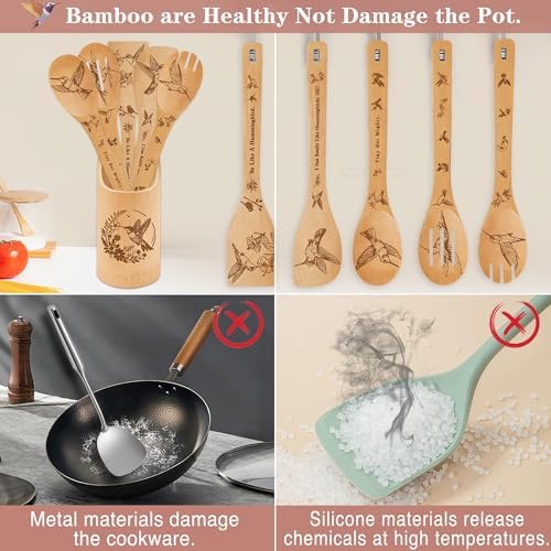 Hummingbird Kitchen Decor Bamboo Wooden Spoons With Utensil Holder-Hummingbird Kitchen Accessories for Cooking-Home Decorations Gifts for Women-Housewarming,Birthday,Easter,Mothers Day Gift（6PCS) - Image 4