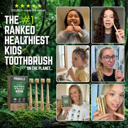 PRIMALS Kids Boar Bristle & Bamboo Toothbrush (4-Pack) - Healthy Boar Bristles - Zero Microplastics - Fully Biodegradable - Quick Dry Design - Image 3