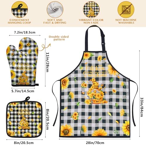 8PCS Sunflower Kitchen Bamboo Cooking Spoon Utensil Set with Apron Oven Mitt Pot Holder -Sunflower Themed Decor Gifts for Women,Mom,Housewarming,Christmas,Birthday Gift - Image 4