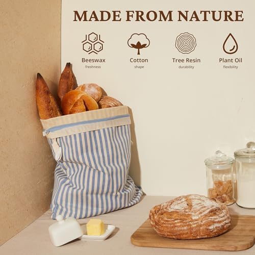 BRONYPRO Reusable Beeswax and Cotton Bread Bags with Zipper, 2-Pack Waxed Bread Bags for Homemade Bread & Sourdough, Sustainable Sourdough Loaf Storage to Lock in Freshness, Large 17x12.6in, Blue - Image 2