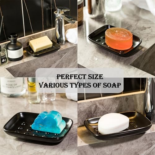 Miamolo Soap Dish, Ceramic Soap Holder Shower Soap Dish for Bar Soap Sponge, Soap Saver Tray for Bathroom Kitchen Sink, Black (Pack of 2) - Image 3