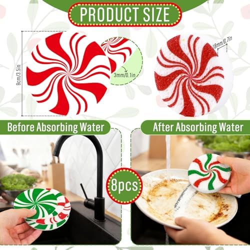 Whaline 8Pcs Christmas Candy Kitchen Sponges Red Green Xmas Candy Water Absorbing Dish Washing Sponge Non Scratch Cleaning Scrub Sponges for Dish Pots Pans Dishwashing Holiday Home Kitchen Bathroom - Image 2
