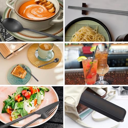 AARAINBOW 6 Pieces Stainless Steel Flatware Set Portable Reusable Cutlery Set Travel Utensils Set Including Chopsticks Knife Fork Spoon Straws Cleaning Brush Dishwasher Safe (B-Black) - Image 3
