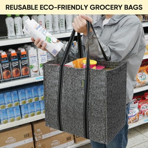 BALEINE 2 PK Grocery Bags Reusable Shopping Bags with Reinforced Bottom, Heavy Duty Foldable Tote Bags (Grey) - Image 6
