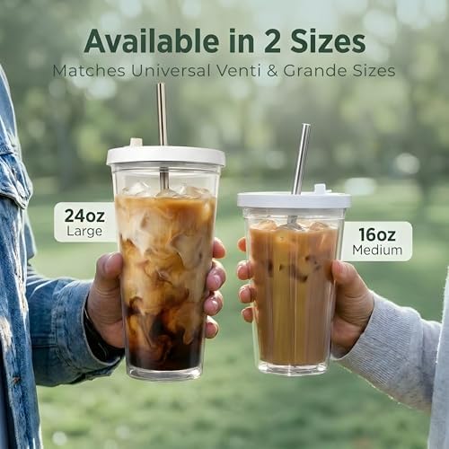 Reusable Iced Coffee Cup with Lid and Straw, 16 oz/Grande, BPA-Free Double-Wall Insulated Plastic Tumbler for Cold Drinks, Includes Clear Plastic Straw, Stainless Steel Straw and Cleaning Brush, White - Image 5