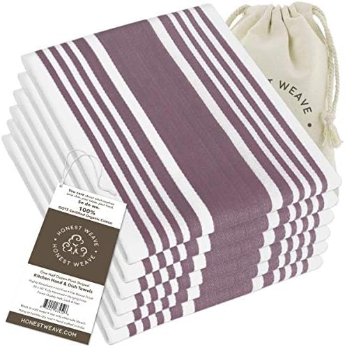 HONEST WEAVE GOTS Certified Organic Cotton Kitchen Hand and Dish Towel Sets - Oversized 20x30 inches, Fully Hemmed, in Designer Colors, 6-Pack, Plum Stripe by HonestWeave
