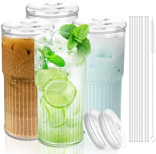 Luiaiog Glass Cups with Lids and Glass Straws, High Borosilicate 20OZ Tumblers (4Pcs) for Coffee, Tea, Juice, Smoothies, Hot/Cold Drinks at Home, Office by Luiaiog