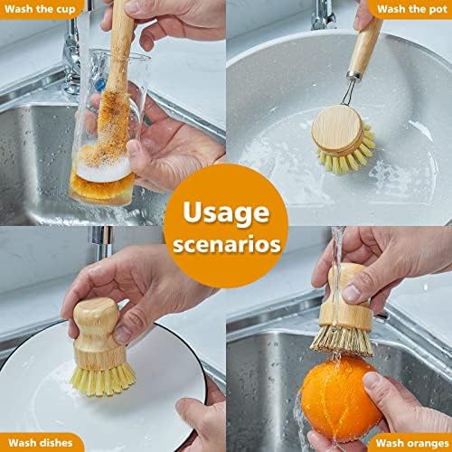 SAMEBUTECO Bamboo Dish Brushes Sets 4 Tools in One Kitchen Clean Dish Scrubber for Pots Pans Bottles with Natural Bristles (Bamboo Brushes Sets) - Image 3
