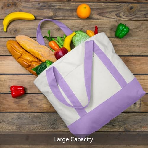 TOPDesign 1-Pack Canvas Tote Bag with an External Pocket, Reusable Grocery Shopping Bag, Top Zipper Closure, Daily Essentials (Lavender/Natural) - Image 4