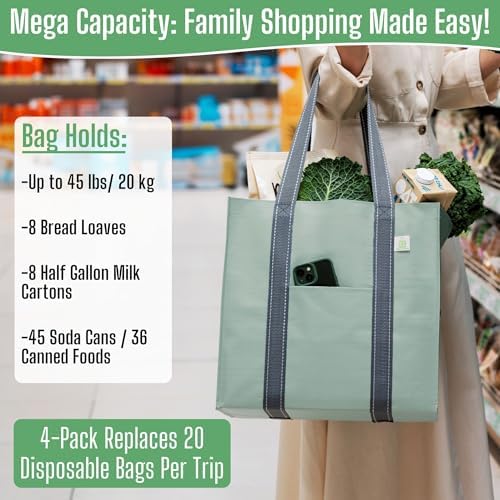 VENO 4 Pack Large Grocery Bag Reusable Shopping Bags with Hard Bottom - Image 5