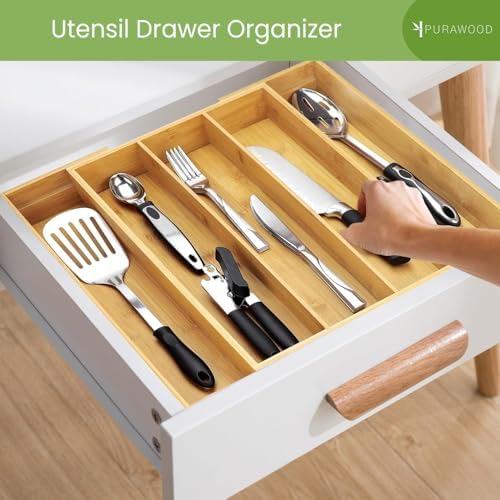 Purawood Kitchen Drawer Organizer, 2 Pack - Expandable Utensil Drawer Organizer for Kitchen, Cutlery Tray & Silverware Organizer, 3-5 Slots - Bamboo Organizer for Utensils & Flatware (Natural) - Image 4